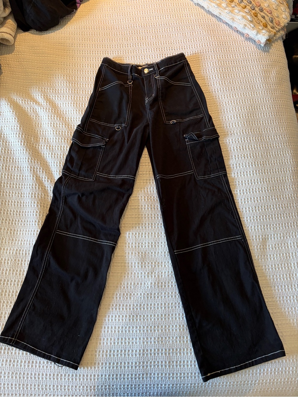 Wide Leg Cargo Pants with Contrast Stitching - Black